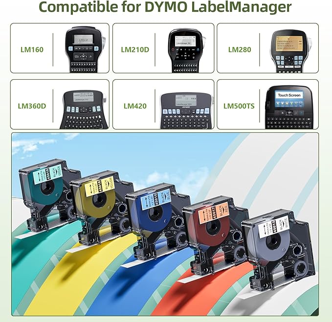 Label KINGDOM Label Maker Refills Replacement for Dymo 45013 45010 45016 45017 45018 45019 (Black on White/Clear/Blue/Red/Yellow/Green), for lm160 280 PnP 360D 210D 420P, 1/2" x 23 Ft, 6-Pack