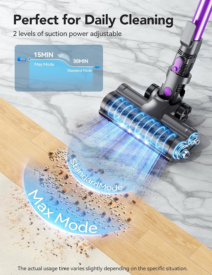 QikCln Cordless Vacuum Cleaner, 23 Kpa Powerful Suction, 1.3 L Large Capacity, 2 Modes & 30Mins Runtime, Rechargeable Stick Vacuum for Pet Hair Hardwood Carpet - Purple