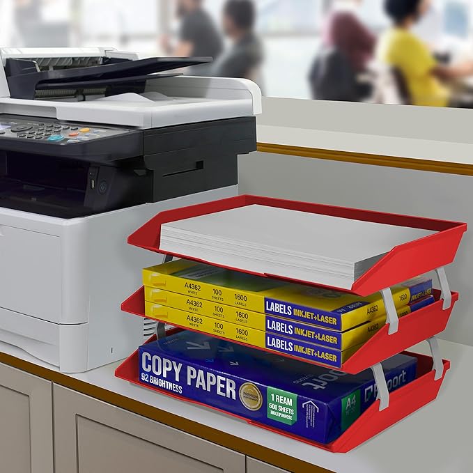 Acrimet Facility 3 Tier Letter Tray, Side Load, Letter Size/A4, Desktop File Organizer, Plastic (Solid Red Color)