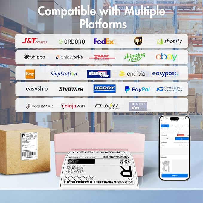 Bluetooth Thermal Shipping Label Printer: 4x6 Wireless Mini Clear Label Maker with Waterproof Tape for Small Business - Widely Used for USPS UPS Ebay Amazon Shopify Etsy, Pink