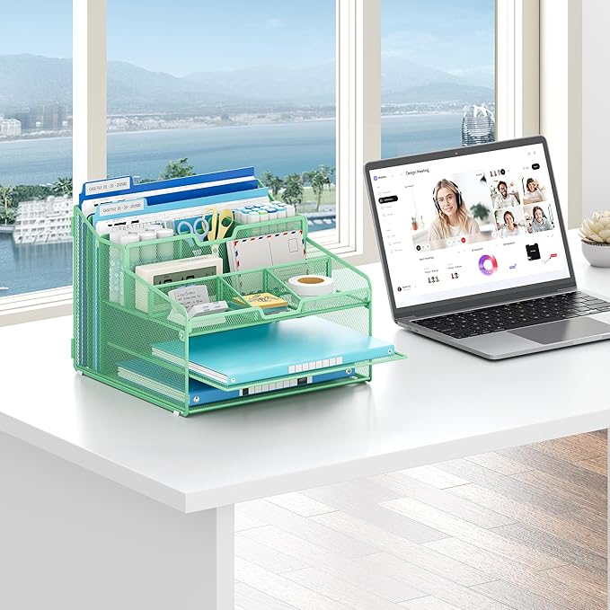 Lavatino Desk Paper File Organizer - Metal Mesh with 2 Letter Trays, 7 Flexible Dividers, 2 Vertical File Folder Holders for Office/Home/Classroom Supplies, Desk Organizers and Accessories, Green