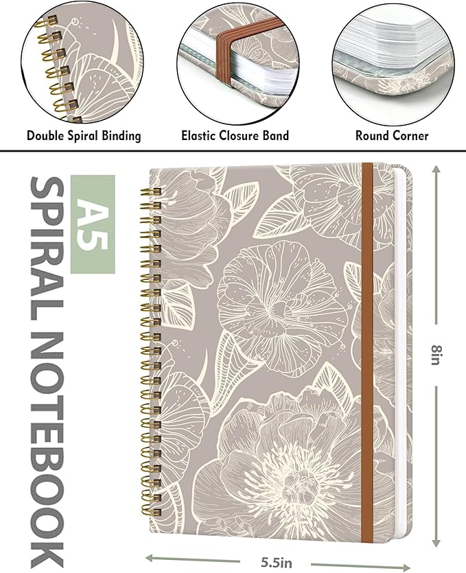 Spiral Journal Notebook for Women, Hardcover A5 College Ruled Notebook, 120 Pages, Thick Paper, Cute Lined Journal for School, Office & Work, 6 x 8.4 in(Gray Flower)