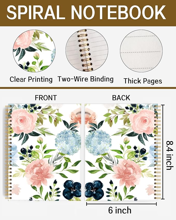 Spiral Notebook A5, Hardcover Journal for Women, 120 Pages Thick College Ruled Paper, Perfect for Office, School, or Home Use(Pink Rose Flowers)