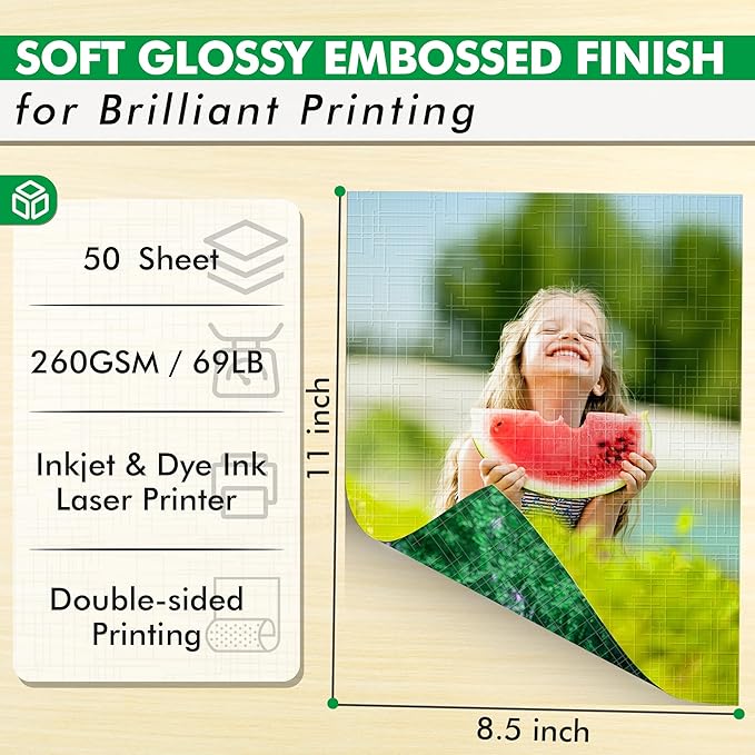 Koala Thick Grid Embossed Textured Double-sided Photo Paper 8.5x11 Inches 69LB Heavyweight 50sheets 260GSM Compatible with Inkjet Printer