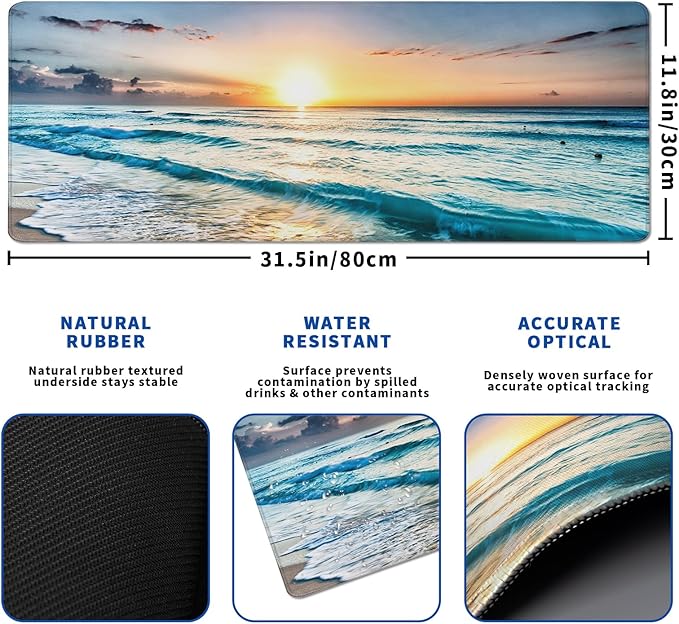 Sunrise Beach Mouse Pad Abstract Sea Mouse Pad 31.5x11.8 Inch Japanese Texture Non-Slip Rubber Base Large Mousepad Stitched Edges Keyboard Mouse Mat Desk Pad for Office and Home