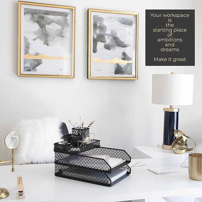 BLU MONACO Black Desk Organizer Set for Women – 6-Piece Interlocking Office Supplies Set, Pen Cup, 3 Accessory Trays & 2 Letter Trays, Black Stackable Paper Tray Holder