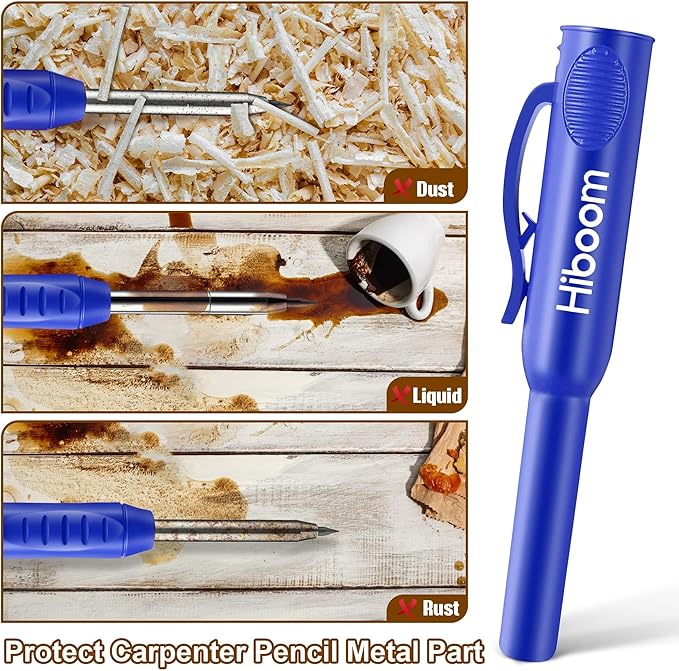 Hiboom 2 Pack Solid Carpenter Pencils with Pencil Cap and 18 Refills, Long Nose Deep Hole Mechanical Pencil Marker, Scribe Tool with Built-in Sharpener for Construction Woodworking Architect (Blue)