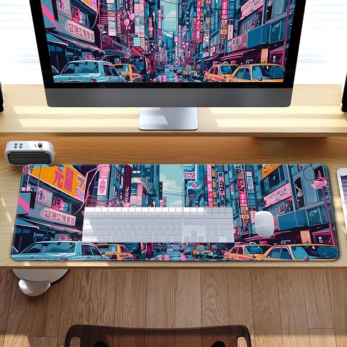 Japanese Mouse Pad Desk Pad 80s City Desk Decor Mat, Large Gaming Mouse Pad for Desk Computer Keyboard Laptop, Desk Decor Home Office Accessories (31.5x11.8 in)-with Stitched Eges Pad