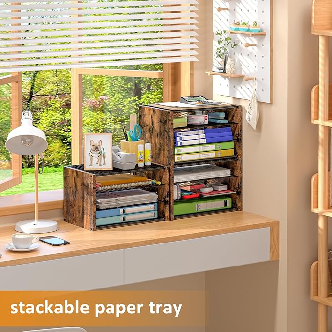 3-Tier Paper Letter Tray, Wooden Desk File Organizer, Stackable Metal Mesh Desk Organizer for Office Supplies. Small Paper Trays for Home Office School, Rustic Brown