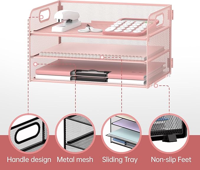 SUPEASY 3 Tier Paper Organizer with Handle, Mesh Desk Organizer Letter Tray, A4 File Folder Paper Tray, Pink
