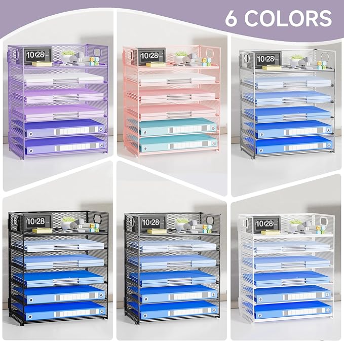 6-Tier Mesh Desktop File Organizer Letter Size Paper Tray with Handle Metal Construction Purple