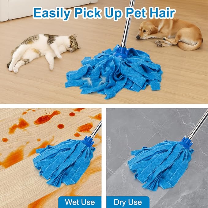 KeFanta Mop, Microfiber Cloth Mops for Floor Cleaning, One Pole with Two Microfiber Cloth Wet Mop Refills, String Mop with 59" Long Handle, Blue (1 Handle & 2 Mop Heads)