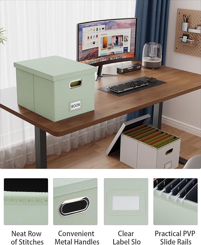 Oterri File Organizer Box,Filing Box with Lid,File Box for Letter/Legal File Folder Storage, Portable Hanging File Box for Office/Decor/Home,1 Pack, Grey-green(Leather),Box only