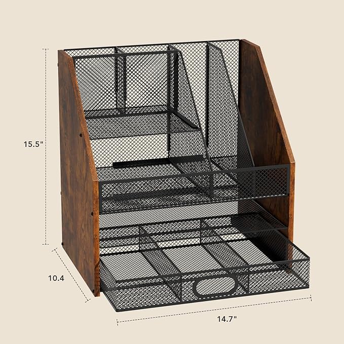 Wooden Desk Organizer - Mesh File Organizer with Drawers and Pen Holder - 4-Tier Vertical Paper Letter Storage Tray, Desktop Organizers and Accessories for Home Office