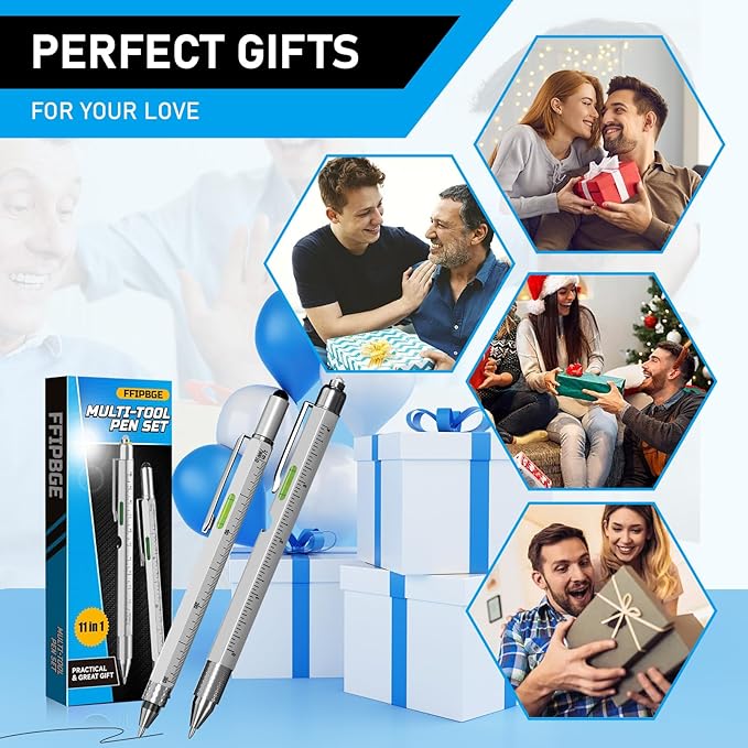 Christmas Stocking Stuffers for Men Adults, 2 Pack Multi-Tool Pen Set, 11 in 1 Multitool Pen with LED Light, Ruler, Level, Screwdriver, Stylus, Flathead, Birthday Gifts for Men, Husband, Silver