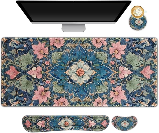Large Mouse Pad and Keyboard Wrist Rest, Extended Mouse Pad with Wrist Support, Non-Slip Desk Mat, Desk Blotter Protector Pad for Home Office, Vintage Flowers