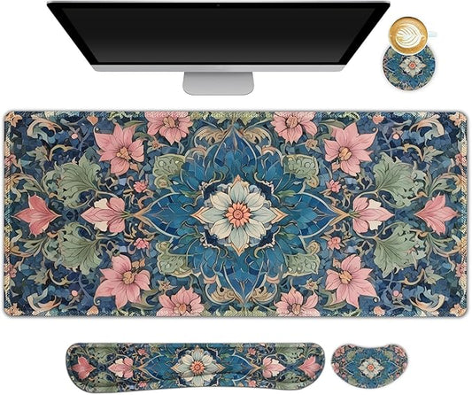 Large Mouse Pad and Keyboard Wrist Rest, Extended Mouse Pad with Wrist Support, Non-Slip Desk Mat, Desk Blotter Protector Pad for Home Office, Vintage Flowers