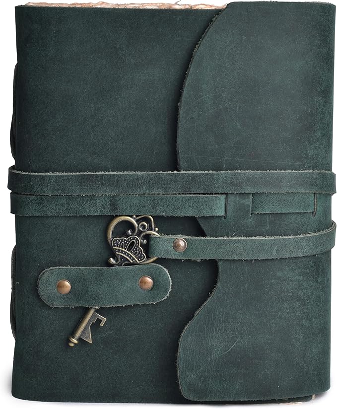 LEATHER VILLAGE Vintage Leather Journal – 200 Handmade Vintage Deckle Edge Paper – Leather bound Journal For Women Men – Vintage Key Closure - Book of Shadows - Turquoise - 8X6 inches (A5)