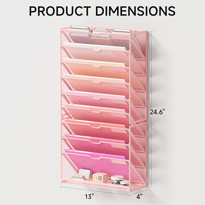 Lavatino 10-Tier Hanging Wall File Folders Organizer - Pink Metal Mesh Paper Magazine Document Mail Holder File Organizer for Office School Home Wall Mount or Desk Supplies Organization