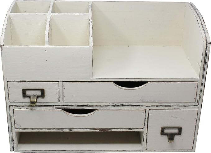 Executive Office Solutions Large Adjustable Wooden Office Desk Organizer For Desktop, Tabletop, or Counter – Wood Storage Shelf Rack – For Office Supplies, Desk Accessories, or Mail - White (WO13)