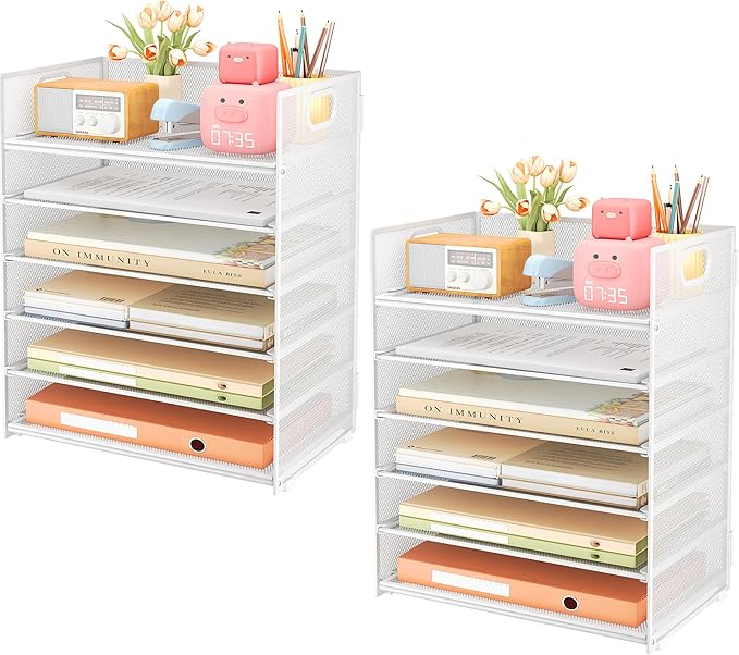 Subekyu 6-Tier Desk Paper Organizer, Desktop File Letter Tray with Handle, Document Sorter and Accessories Holder for Office, Home and School Workspace Organizers, White - 2 Pack