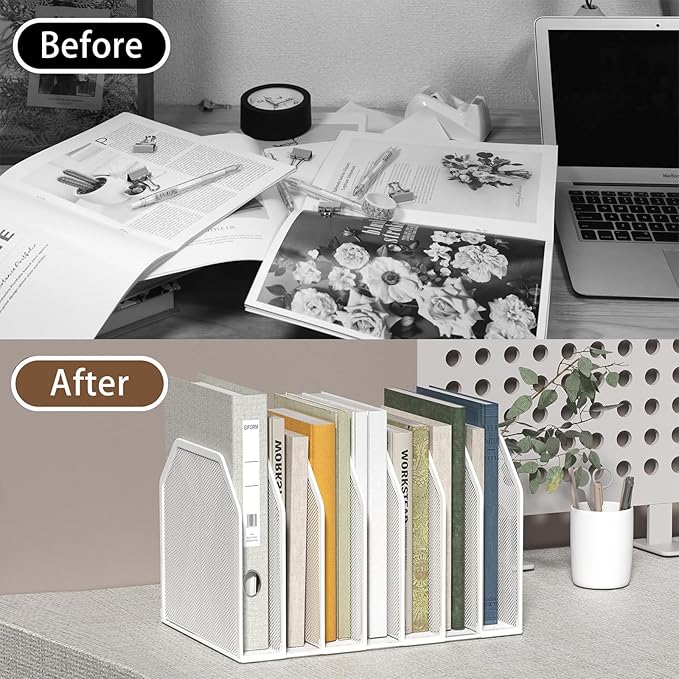Metal 7 Section File Folder Organizer for Desk | Vertical Office File Holder | Heavy-Duty Mesh Document Sorter for Books, Binders, Laptops | White Desk Organizer (12.8”x8.5”x7.9”)