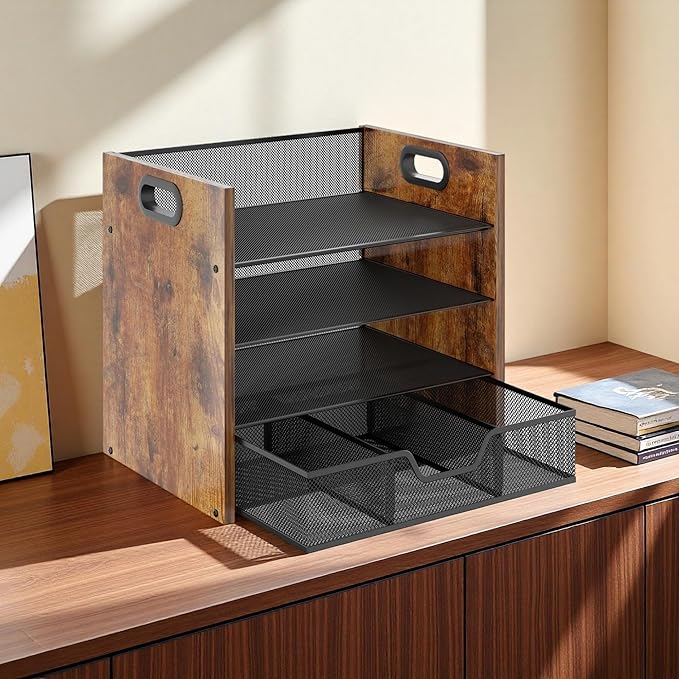 Wood Desk Organizer - 4-Tier Desktop File Organizer with Drawer, Wooden Paper Tray, Office Desk Organizer for Papers, Mail, Notebooks, Stationery