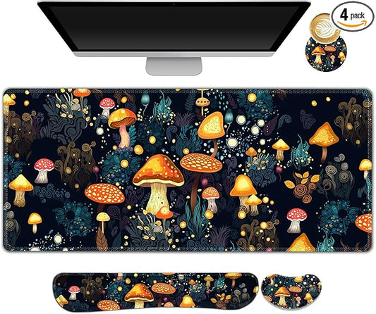 ARTSO Large Gaming Mouse Pad, Keyboard Wrist Rest Pad & Wrist Support Mousepad Set, Stitched Edge, Extended, Non-Slip Base, Memory Foam Desk Mat for Office, Home, Cute Mushrooms