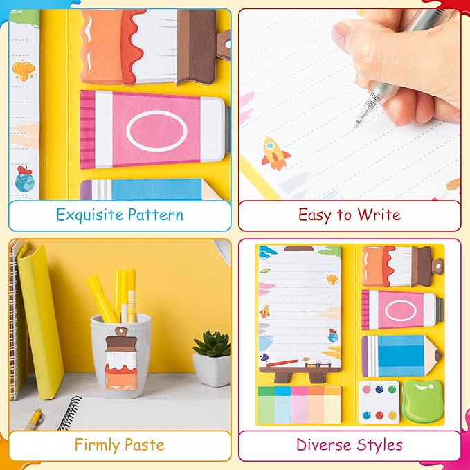 B1ykin Sticky Notes Set, Cartoon Theme Cute Self-Stick Notes Pad Teacher Appreciation Gifts， Self-Adhesive Writing Memo Pages Sticky to Do Notepad Thank You Gift for School Classroom (Art Teacher)