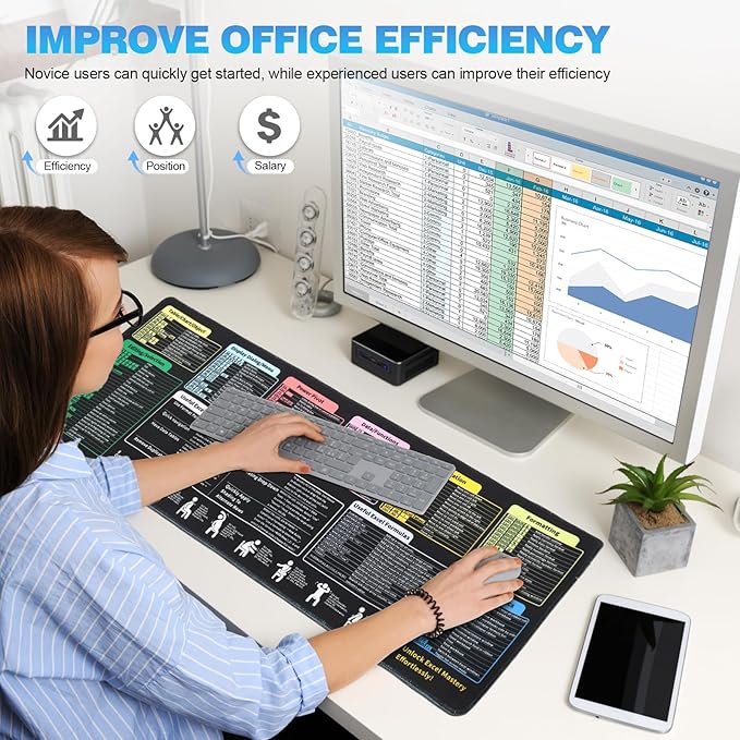 Linoows Excel Shortcut Keys Mouse Pad, Extra Large 31.5 x 11.8 Inch Gaming Mouse Mat, PC Spreadsheet Keyboard Mousepad, Waterproof Non-Slip Desk Pad with Stitched Edge