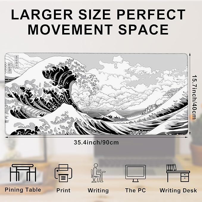 Gaming Mouse Pad, Black and White Japanese Sea Wave Large Desk Mat for Keyboard and Mouse,Non-Slip Rubber Base and Stitched Edges Desk Pad for Home Office 35.4x15.7in