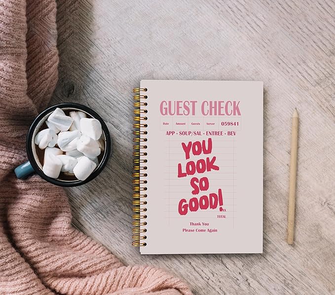 Pink Notebook Journal, Trendy Funky Y2K Retro You Look so Good Guest Check Notebook Journal, Girly Notebook, Preppy Gifts For Women, Pink Office Supplies, Pink Spiral Notebook 5.5x8.3inch