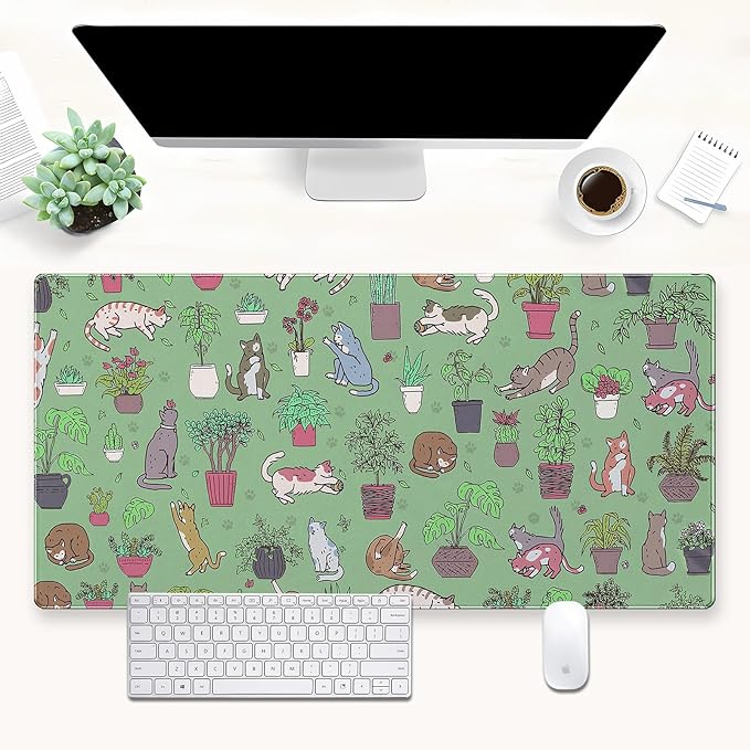 Cat Mouse Pad Green Desk Mat XXL Large Gaming Mousepad Sage Green Mouse Pads Cute Kawaii Bohemian Computer Mat Keyboard and Mouse Pad Office Desk Decor 31.5 x 15.7 in
