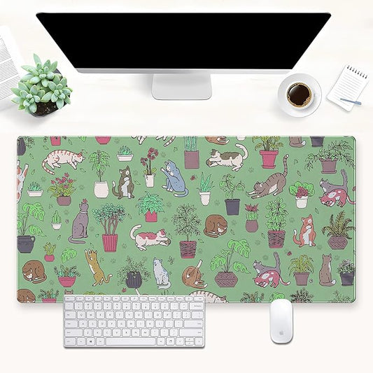 Cat Mouse Pad Green Desk Mat XXL Large Gaming Mousepad Sage Green Mouse Pads Cute Kawaii Bohemian Computer Mat Keyboard and Mouse Pad Office Desk Decor 31.5 x 15.7 in