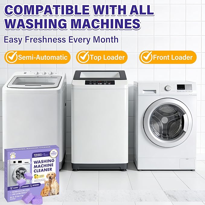 edoia 30 Pack Washing Machine Cleaner Tablets, Deep Cleaning for HE, Front＆Top Loader Washer, Natural Fresh Formulared for Pet Owners, Heavy Duty, Septic Safe (Over 12 Month Supply), 15G, Purple