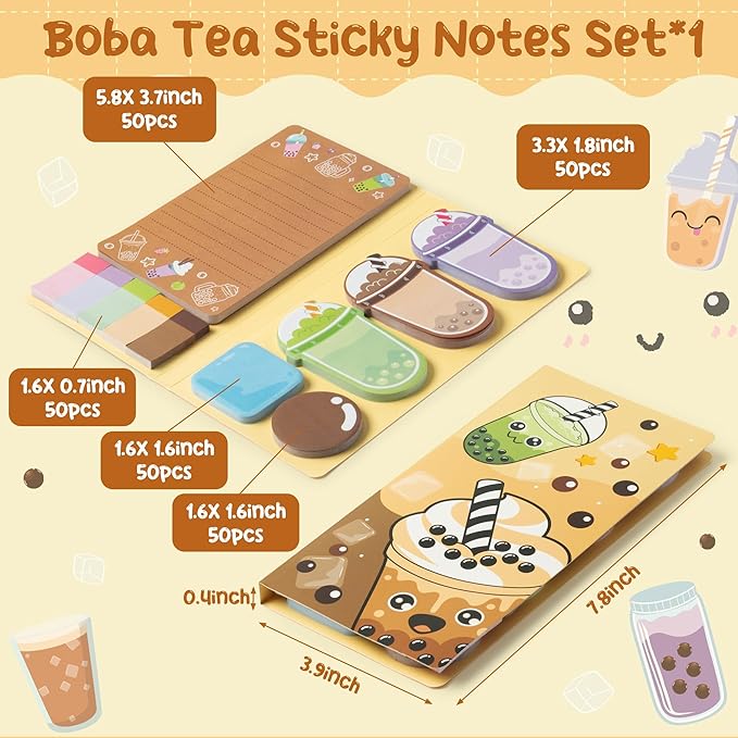 B1ykin Sticky Notes Set - Cartoon Theme Cute Self-Stick Notes Pad Teacher Appreciation Gifts， Self-Adhesive Writing Memo Pages Sticky to Do Notepad for Kids Employee School Office (Boba Tea)