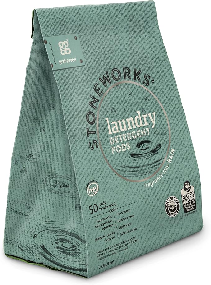 Grab Green Stoneworks Laundry Detergent Pods, 100 Count, Fragrance Free Rain Scent, Plant and Mineral Based, Cleans Deeply, Eliminates Odors, Fights S