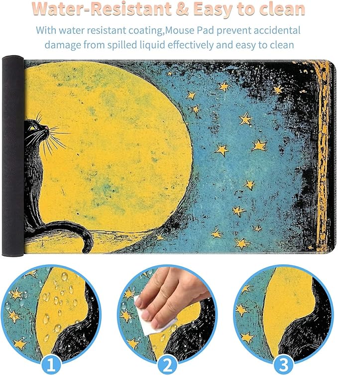 Desk Mat Large Gaming Mouse Pad (31.5x11.8 inch) with Stitched Edges, XL Mouse Pad +Coaster, Extended Mouse Mat Keybroad Mousepad Non-Slip Rubber for Gamer Men Women, Black Cat Moon