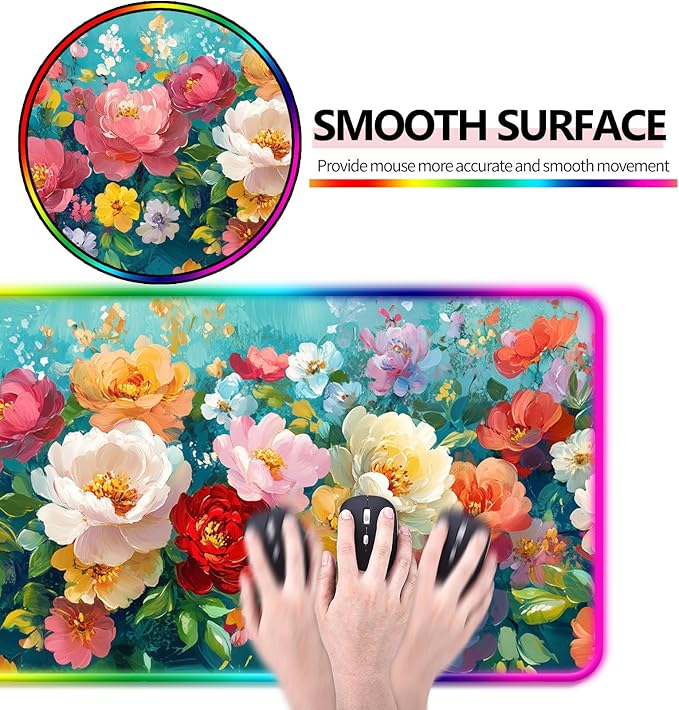 RGB Colorful Flower Peony Gaming Desk Mat, Computer Keyboard Large Extended Long Floral LED Mouse Pad for Office and Home, XL (W28)