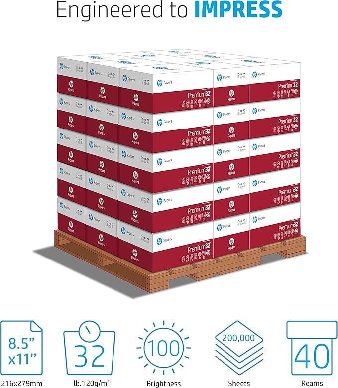 HP Printer Paper | 8.5 x 11 Paper | Premium 32 lb | 40 Case Pallet - 120,000 Sheets | 100 Bright | Made in USA - FSC Certified | 113100P