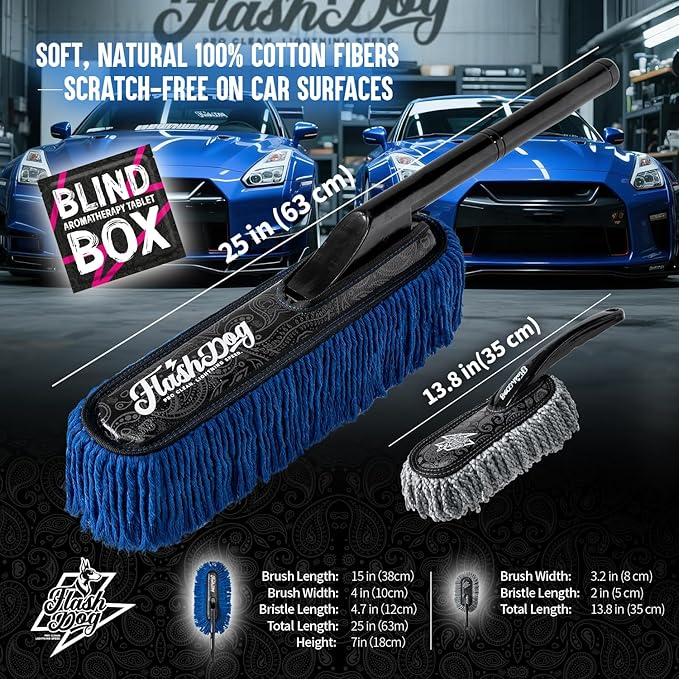 Flash Dog Wood Handle Car Duster Exterior + Mini Interior Brush Waterless Exterior Scratch-Free Cleaning for Cars/SUV/Truck/RV & Dash Detailing | Waxed Cotton & Microfiber