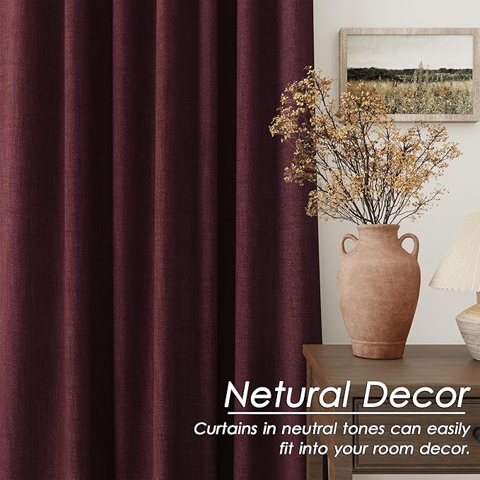 Nanspring Burgundy Linen Blackout Curtains 108 Inches Long Loop Pocket Rod Pocket Flax Linen Sound Absorbing Light Blocking 2 Panels Set for Dining Room Modern Urban Curtains Drapes 52x108