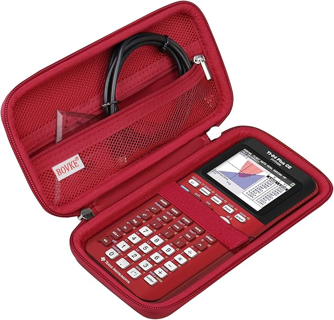 BOVKE Hard Travel Case for Texas Instruments TI-84 Plus CE/TI-84 Plus/TI-83 Plus CE/TI-83 Plus/Casio fx-9750GIII Graphing Calculator, Mesh Pocket for USB Cables, Manual, Pens, Accessories, Red