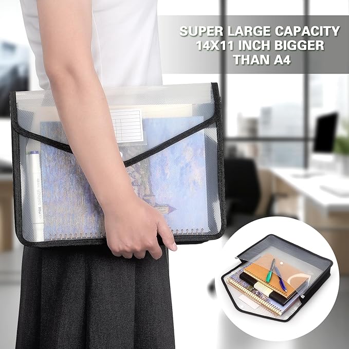 Plastic Expanding File Folder, Transparent envelopes with Snap Closure, No Dividers, Large Capacity, Fit Letter/A4 Size (Black)