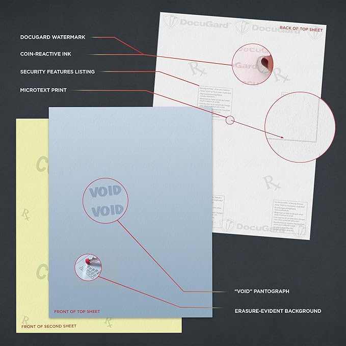 DocuGard Standard Blue/Canary 2-Part Medical Security Paper - CMS Approved for Prescription Printing & Fraud Prevention - 6 Security Features - Laser & Inkjet Printer Compatible - 250 Sheets (04544)