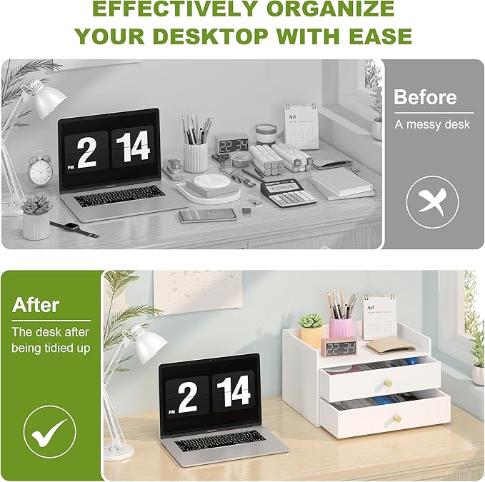 Bamboo Desk Organizer with Drawers Wooden Desktop Storage Drawers for Bills Office Supplies Kitchen Utensils Organizing Tool for Home Classroom Organization No Assembly (2 Drawers, White)