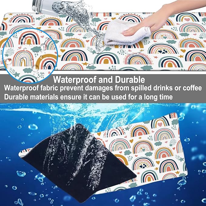 Mouse Pad, Large Boho Rainbow Desk Mat, Extended Non-Slip Gaming Keyboard Mousepad Desk Pad, Thick Stitched Edges Waterproof Mouse Mat 31.5"x15.7" (Scandi Rainbow and Stars Clouds)