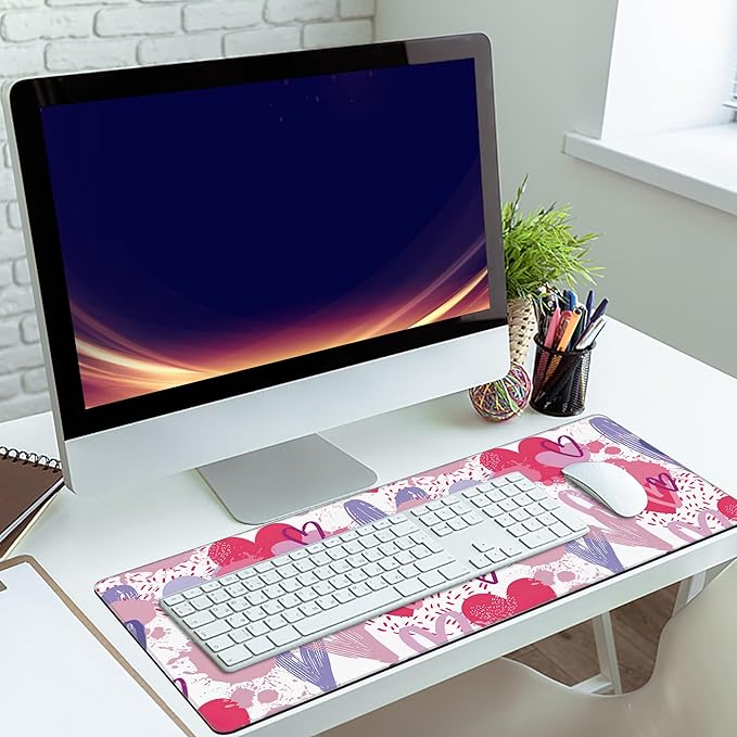 MIOAOSRT Desk Mat,Pink and Violet Hearts Gaming Mouse Pad,XXL Extended Mouse Pad Mat for Office,Computer,Keyboard with Non-Slip Base Stitched Eges Mousepad 35.4x15.75 inch