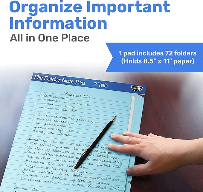 Find It File Folder Notepad - Pack of 72-9.5 x 12.5 Inch Notebook Organizer Folders for Filing, Document, and Clipboard Organization - Blue