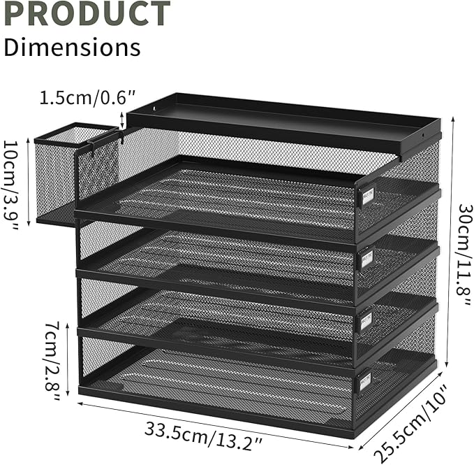 Metal Stackable Letter Trays, 4-Tier Desk Organizer & Paper Trays for Office, Stackable File & Document Tray with Magnetic Labels,Black